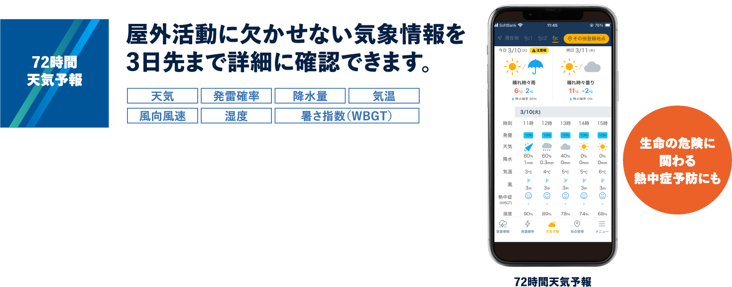 72時間天気予報：屋外活動に欠かせない気象情報を3日先まで詳細に確認できます。