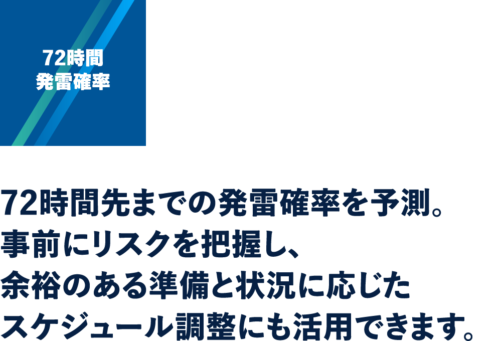 72時間発雷確率：72時間先までの発雷確率を予測。事前にリスクを把握し、余裕のある準備と状況に応じたスケジュール調整にも活用できます。
